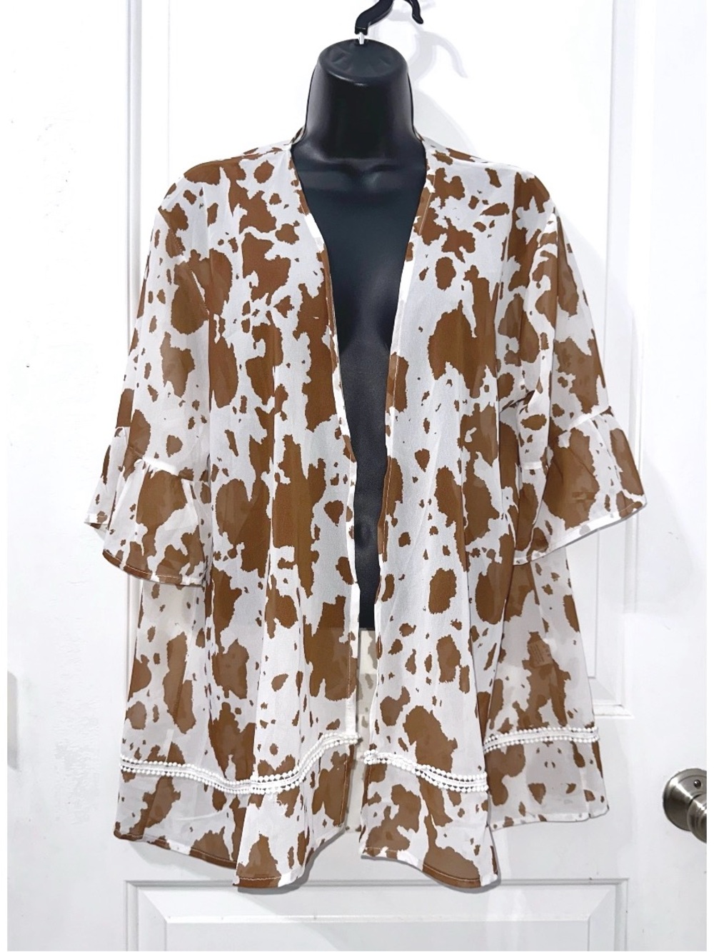 Grace & Emma Brown Cow Print Kimono Cardigan, Semi Sheer, size S/M